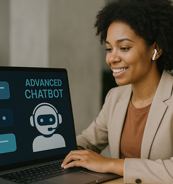 A women showing a laptop screen of advance chatbot