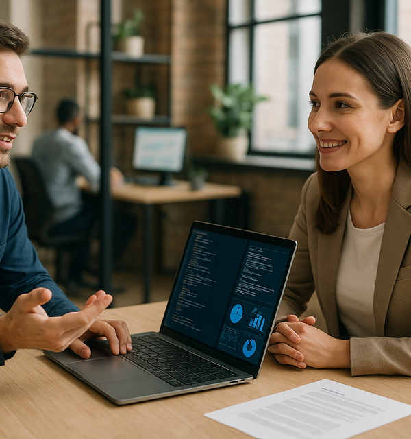 Man and women sitting at a table going over agile development.