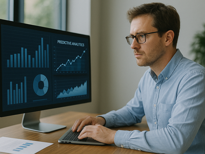 Man sitting in front of computer looking at data insights.