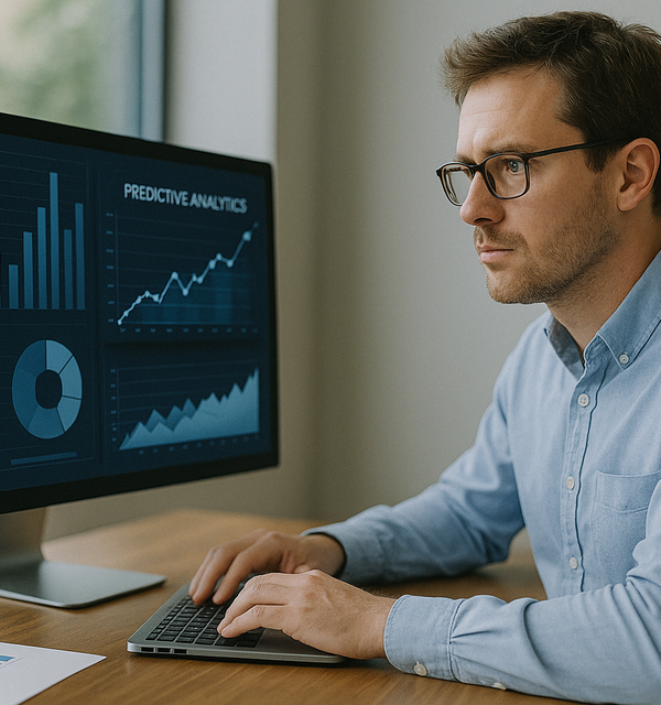 Man sitting in front of computer looking at data insights.