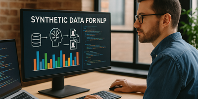 Man sitting at computer creating synthetic data for NLP tasks