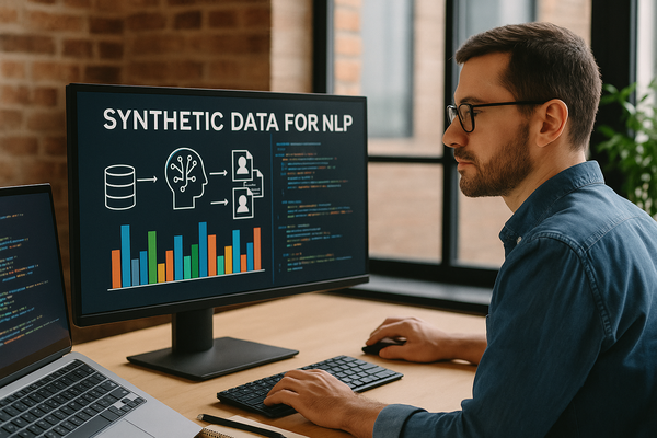 Man sitting at computer creating synthetic data for NLP tasks