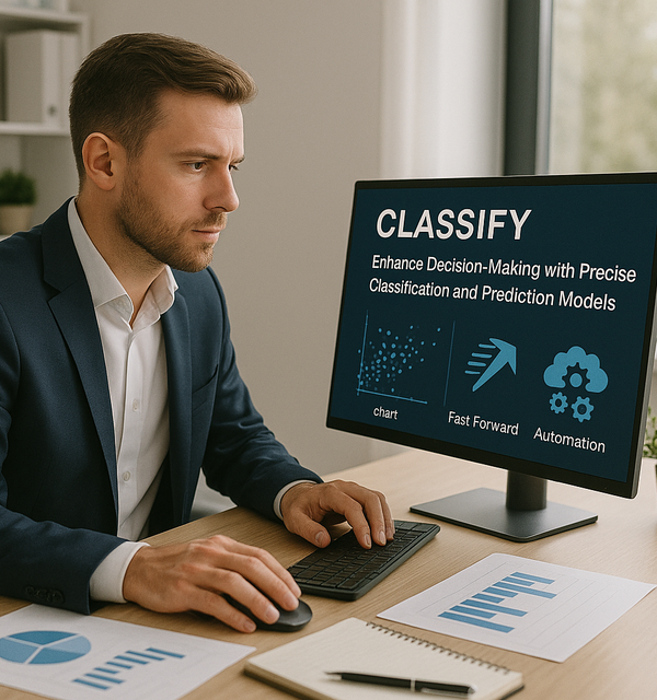 Man sitting at computer with words classify written on it showing diagrams.