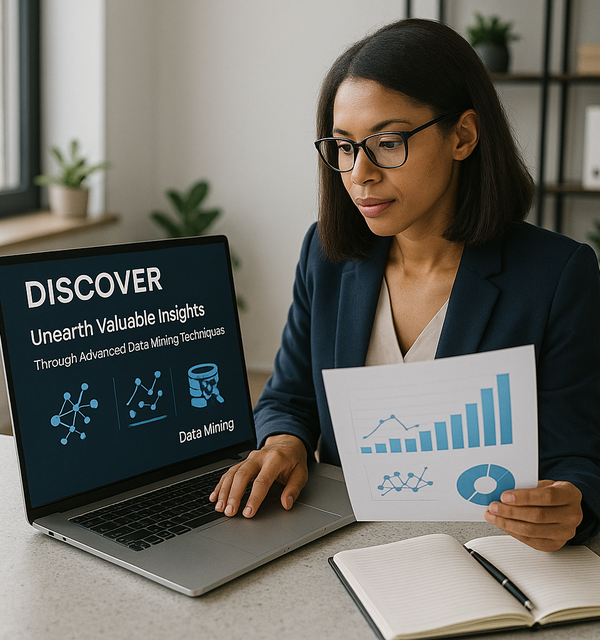 A women showing a laptop screen of data mining results.