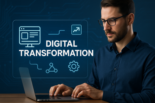 Man sitting behind a sign says Digital Transformations.