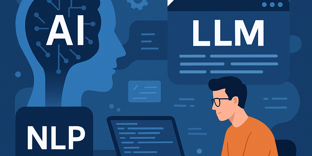 illustration of a man sitting at a table with computer that also says AI, NLP, and LLM.