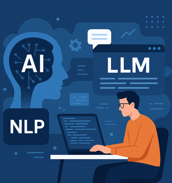 illustration of a man sitting at a table with computer that also says AI, NLP, and LLM.