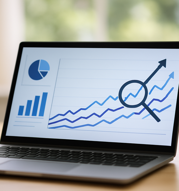 A laptop displaying data analysis charts.