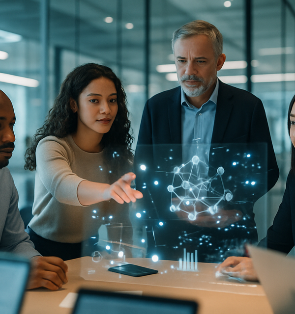 Group people looking at AI hologram showing data